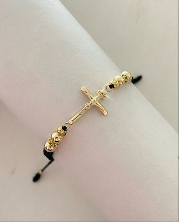 Pulsera Cruz con balines #4 y #5 lisos y diamantados con rondel circonias verde