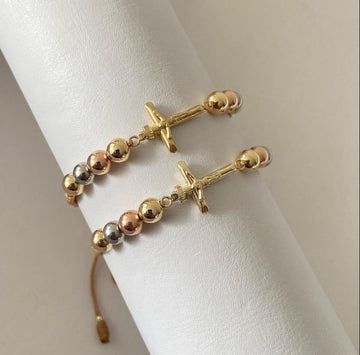 Juego Pulsera Dije Cruz con Balines 3 oros #6 X2