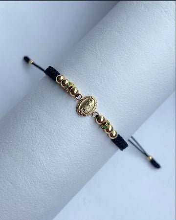 Pulsera Dije Guadalupe con Balines #4 y circones verde