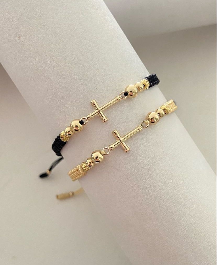 Juego Pulsera Dije Cruz con balines #4, #5 2 x