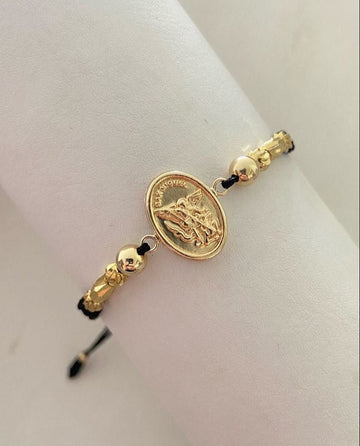Pulsera San Miguel Arcangel con balines #4 y #5 lisos y diamantados con canutillos