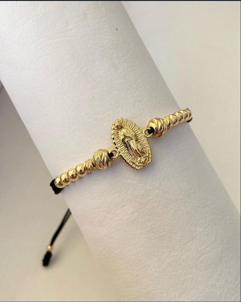Pulsera dije Virgen Guadalupe Tallado con balines lisos y diamantados #4 y #5