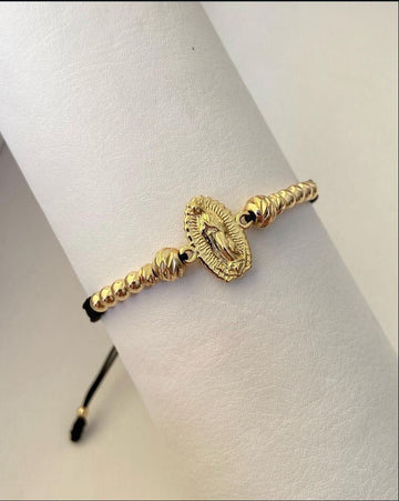 Pulsera dije Virgen Guadalupe Tallado con balines lisos y diamantados #4 y #5